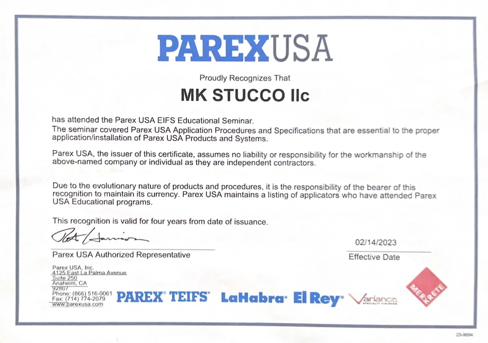 MK Stucco LLC Certificate